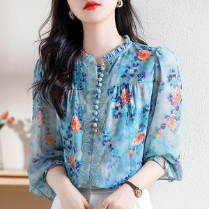 Bluzki damskie Chikimi Korean Fashion Dams Tops i 2023 Summer Thin Printed Lantern Lantern Long-Sleeved Chifon Koszulka Kobieta