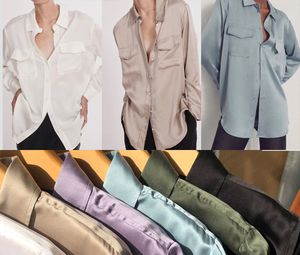 Spring Summer 6 Colors Solid Color Silk Blouse Shirt Long Sleeve Lapel Neck Double Pockets Single-Breasted Top Shirts H3F27GQMM