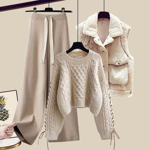 Women s Jackets Plus Size Women Spring Autumn Set Thickened Tank Top Knitted Sweater High Waist Wide Leg Trousers Casual Three Piece 231127