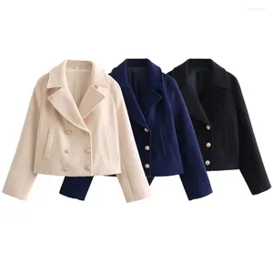 女性のスーツ冬の服2023ファッショナブルな3色のメタルボタンショートジャケットレトロ長袖ダブルブレスト