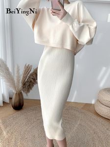 Anzüge bei Beiyingni Herbst Winter Strick -Spaghetti -Gurtkörperkleid und Pullover zweiteilige Sets Frauen koreanische Mode elegante Outifits