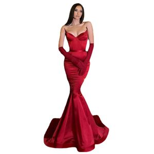 JEHETH Red Mermaid Sexy Satin Evening Dress Strapless Deep V-Neck Lace-up Backless Formal Party Prom Gown robes