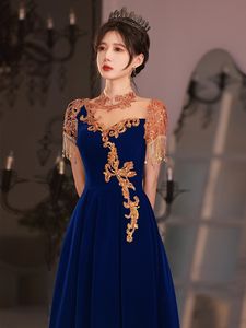 Navy Blue Mother Of The Bride Dresses Gorgeous Gold Lace Applique With Crystal Tassels Sexy Neck Plus Size Party Gowns Veet Long Evening Dress New Bridal Gown