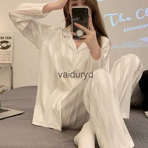 home clothing Women Stripe Pyjamas Set French Solid Color Silk Satin Sleepwear Pajamas Two Piece Home Wear Nightwear Comfortablevaiduryd