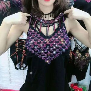 トップス夏の韓国服ベスト光沢のあるラインストーン女性