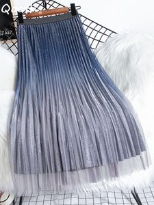 Skirts Qooth Summer Women Gradient Color Mesh Midi Length Pleated Skirt Elegant High Waist Sequins A-line Skirt QT1785 230428