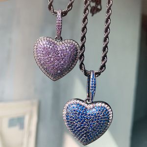 Iced Out Purple Blue Color Zircon Heart Love Charm Pendant Necklace With Rope Chain Hip Hop Women Män Full asfalterad 5A Cubic Zirconia Boss Men Gift Jewelry