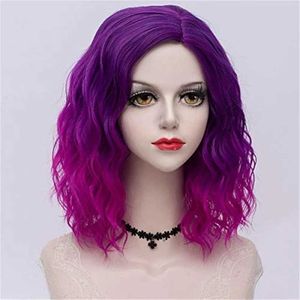 Synthetische Perücken, modische synthetische Perücke mit langem Pony, lila, kurze Locken, Maisdauerwelle, gewelltes Haar, kurzes Haar, Damen-Kopfbedeckung