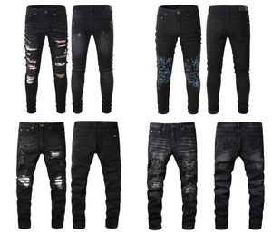 Preto rasgado designer jeans magros homens caber angustiado rasgado para homem rasgado calças danificadas retalhos longo zíper angústia destruído den3262854