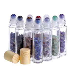 Essential Oil Diffuser 10ml Clear Glass Roll on Perfume Bottles with Crushed Natural Crystal Quartz Stone,Crystal Roller Ball Wood Grai Oiga