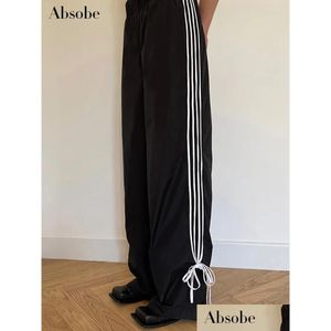 Womens Pants Capris Absobe Contrast Spliced Stripes Lacing Sports Loose Low Rise Casual Straight Leg Trousers Tie Autumn Streetwear Dr Dhyen