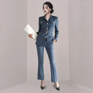 Calças femininas de duas peças jamerary outono inverno conjunto mulheres único breasted blazers terno casacos magro longo flare ternos senhora trabalho de escritório