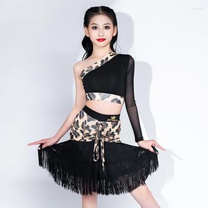 Stage Wear Mode Latin Dance Kostüme Mädchen Single Sleeves Top Leopard Quasten Röcke Salsa Tango Chacha Dancewear SL7985