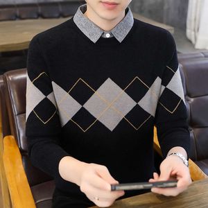 Shirt Collar Sweater for Men's Autumn and Winter Cool Fake Two-piece Trendy Brand Plush Thickened Warm Clothing Base Knit