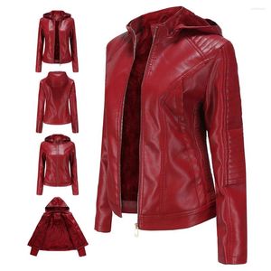 Couro feminino 2024 inverno quente casaco curto motociclista jaqueta parka zíper topos casaco outwear com capuz