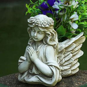 Decorações de jardim 3D Resina Anjo Menina Vaso de Flores Suculentas Suporte de Plantas Estatuetas Artesanato para Interior Exterior Pátio Vila Estátua Decoração 231127