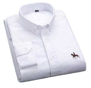 Men's Dress Shirts Quality 100% Cotton Oxford Shirt Men's Long Sleeve Embroidered Horse Casual Without Pocket Solid Yellow Dress Shirts Men 5XL 6XL P230427