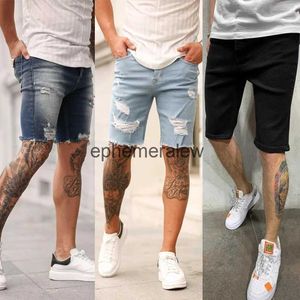 Shorts masculinos Plus Size S-3XL Homens Denim Bla Blue Casual Moda Vintage Verão Slim Fit Angustiado Buraco Rasgado Elástico Joelho Lengephemeralew