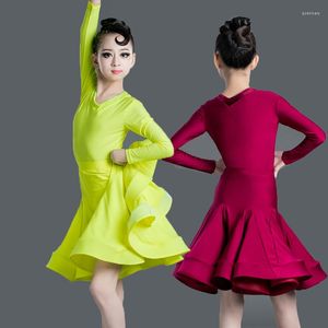 Stage Wear Fashion Long Sleeved Latin Dance Dress Skirts Girls Ballroom Competition Child Tango Chacha Salsa Dacear SL7205