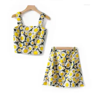 Vestidos de trabalho Viscose 2023 Estest Senhoras Verão Bonito Pequena Margarida Camisole Top - Floral Impresso Curto Mini Saia