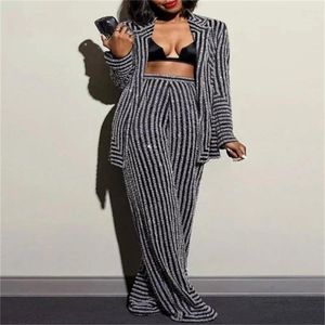 Women's Two Piece Pants African Clothes For Women 2 Set Sparkly Striped Blazer Tops And Wide Leg Straight Pant Fashion Office Ladies Suit