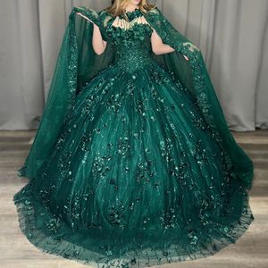 Emerald Green Shiny Quinceanera Dresses For 16 Girl Appliques Lace Beading With Cape Princess Ball Gowns Birthday Prom Dress vestidos de