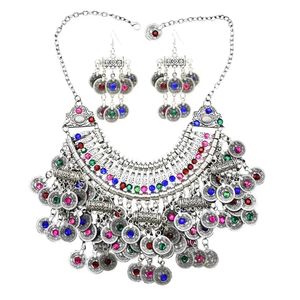 Wedding Jewelry Sets Afghan Silver Color Coin Tassel Bib Statement Necklace Earring Sets for Women Turkish Gypsy Rhinestone Necklace Party Jewelry 231128