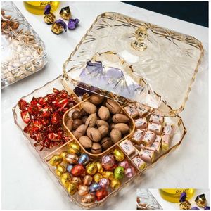 Dishes Plates Mti Grid Nordic Style Candy Box Transparent Plastic Nut Snacks Dried Fruit Biscuit Tray With Lid Family Living Room Dhszf