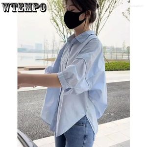 Blusas femininas wtempo manga média camisas finas moda verão solto botão irregular t-shirts escritório senhoras casual sólido coreano topos