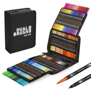 12/24/34/48/72/100/120 Färger Dual Tips Watercolor Brush Penns Art Marker för kalligrafi Ritning Sketching Coloring P230427