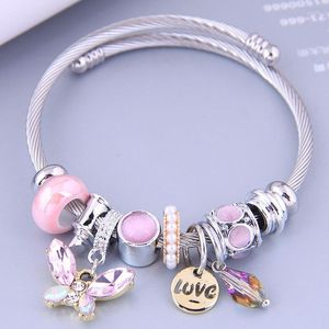 Bracelets de charme pérolas de cristal de aço inoxidável rosa roxo fofo de borboleta pingente pingente pulseira de pulseira para mulheres manguito