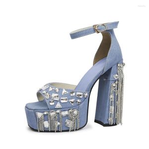 Sandals High Platform Women Denim Bling Diamonds Tassels Chunky Heels Shoes Big Size 48 Wide Fit Fringe Summer Pumps