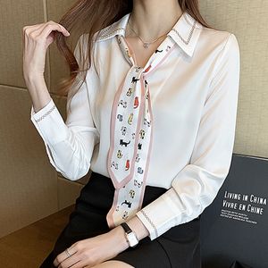 Женские блузкие рубашки весенняя осенняя женская блузя шифоновая рубашка женская одежда милая галстука с длинным рукавом повседневная женщина базовая топ-корейский стиль рубашка 230428