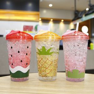 Water Bottles Summer Cold Drink Ice Cup Creative Simple Double-layer Plastic Fruit Shape Straw Cup Student Drinking Cup Gift for Friends 230428