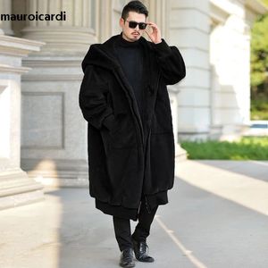 Men's Fur Faux Fur Mauroicardi Winter Black Oversized Long Warm Fluffy Faux Fur Coat Women with Hood Long Sleeve Zipper Loose Korean Fashion 231128