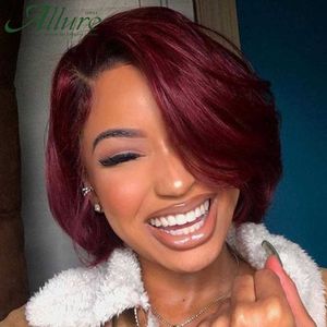 Synthetic Wigs Ombre Burgundy Short Bob Wig with Bangs Side Part Human Hair Wigs for Black Women Cheap Colored Brazilian Allure 230227