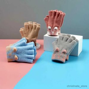 Children's Mittens 1Pair Cute Cartoon Half Finger Gloves Winter Children Thickened Warm Knitted Gloves Students Boys Girls Writting Gloves