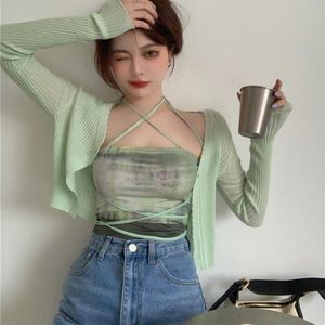 Cardigans Summer Cardigan Two Piece Sets Women Fashion Slim Green Tiedye Halterneck Camis Cropped Tops+See Through Thin Knitted Cardigans