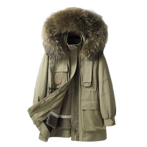 Fur Pudi Women Real Rabbit Fur Coat Jacket Parka Female Raccoon Collar Coats Parka Trench CT170