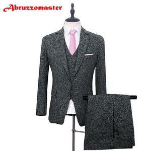 Herrenanzüge Blazer Abruzzomaster Strukturierter Herrenanzug Schwarze Jacke für Bräutigam Smoking Tweed 3-teiliger Hochzeitsschneidermantel