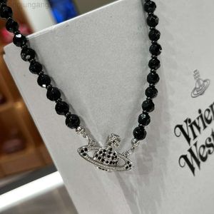 Designer viviene Westwoods New Viviennewestwood New Western Empress Dowager Same Saturn Black Agate Single Layer Full Diamond Black Crystal Diamond Necklace Dark