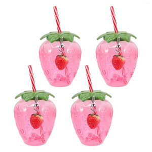 Set di stoviglie 4 pezzi Bottiglia di tè freddo Tazza di paglia per bambini Frullato Bicchieri con coperchio in plastica per bambini Festa tropicale alla fragola