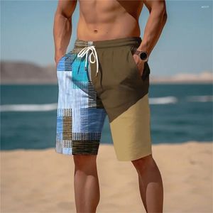 Calções masculinos suor praia terry cordão cintura elástica impressão 3d bloco de cores estampas gráficas geometria respirável