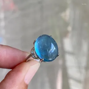 Klusterringar naturlig blå akvamarin kvarts oval justerbar ring 14 12mm runda stora kvinnliga män sällsynta smycken