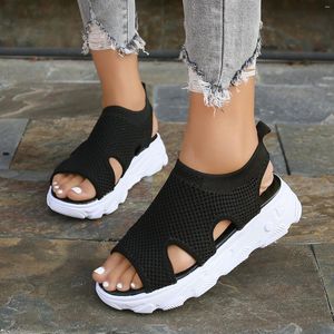Sandals 2023 Women Sports Mesh Slip On Open Toe Thick Sole Flat Heel Hollow Breathable Ladies Shoes Summer Walking