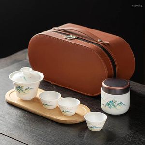 Teaware sätter kinesiska tepåer Mutton Jade White Porslin presentförpackning utomhus bärbar potten keramisk resor