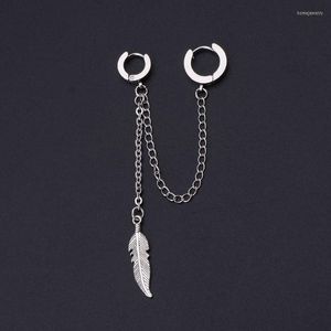 Dangle Earrings 1Pc Titanium Feather Pendant Double Long Chain Leaf Earring Korean Idols Jewelry