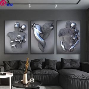 Stitch Triptych Modern Abstract Lover's Heart Metal Rzeźba Art Diamond Malarstwo romantyczne posąg diamentowy haft haftowy dekoracje domu 3pcs