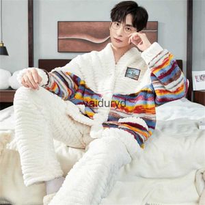 home clothing Men's Winter Warm Coral Fleece Pajamas Set Fluffy Coat + Long Pants Male Sleepwear for Sleeping 2 Pieces Home Wear Loungewearvaiduryd