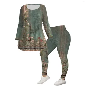 Kvinnors tvåstycken Pants Ladies Floral Printing Leisure Yoga 2 Set Elegant Round Collar Long Sleeved Suit 2023 Casual Sports Suits